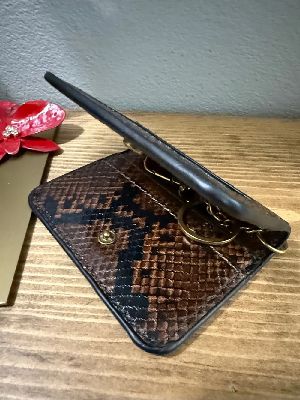 Steve Madden Brown Snake-Print Card Holder with Gold Keychain